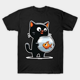 Cat Staring Down at Fish in Fishbowl Graphic T-Shirt